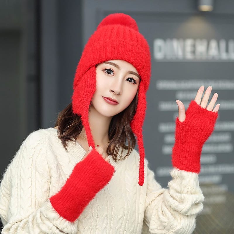 Winter Women Wool Knitted Bomber Hat Solid Hairy Balls Sweet Thick Plus Velvet Earflap Caps Outdoors Warm Russian Ushaka Elastic Apparel Accessories Hats Caps