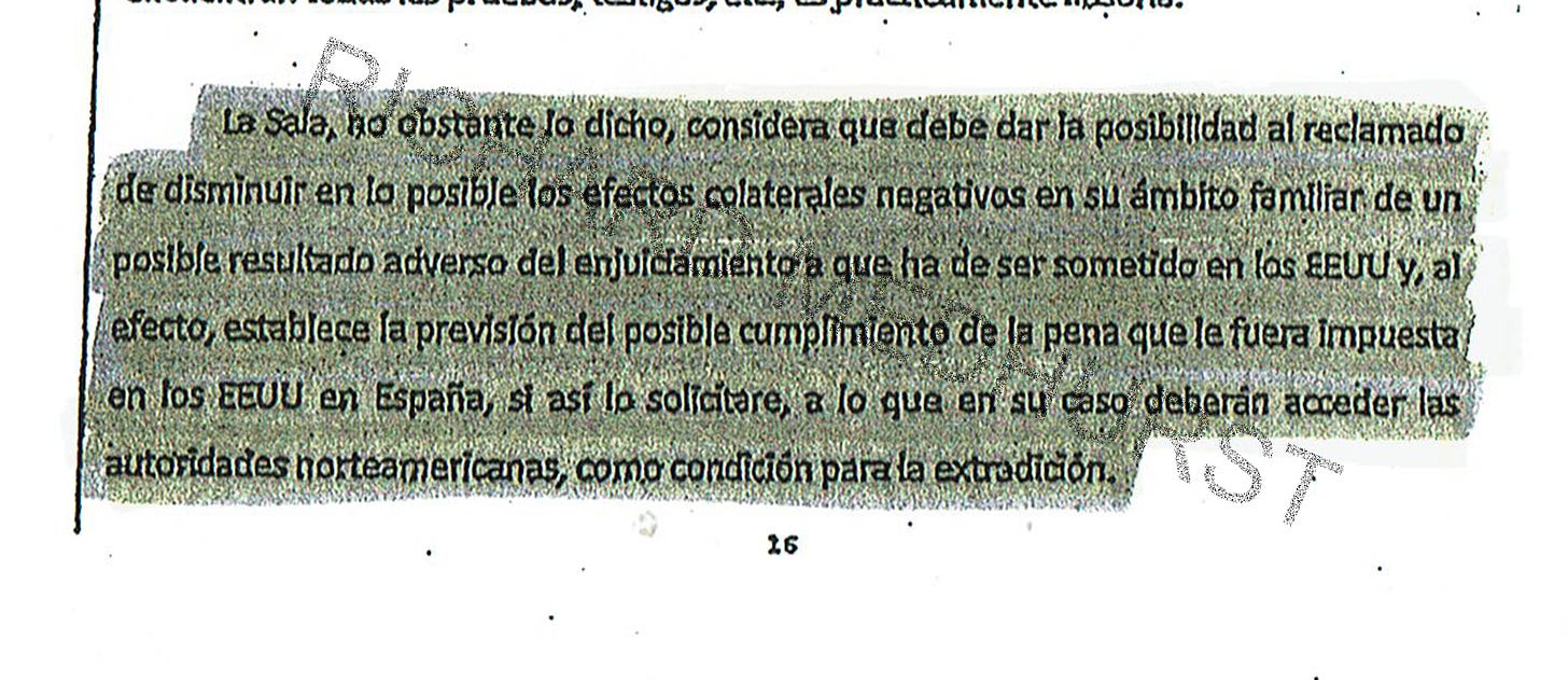 Spanish Court rulings from August and November 2008 stipulating the conditions of Mendoza’s extradition to the United States, and Spain’s right to impose conditions under the US-Spain Extradition Treaty
