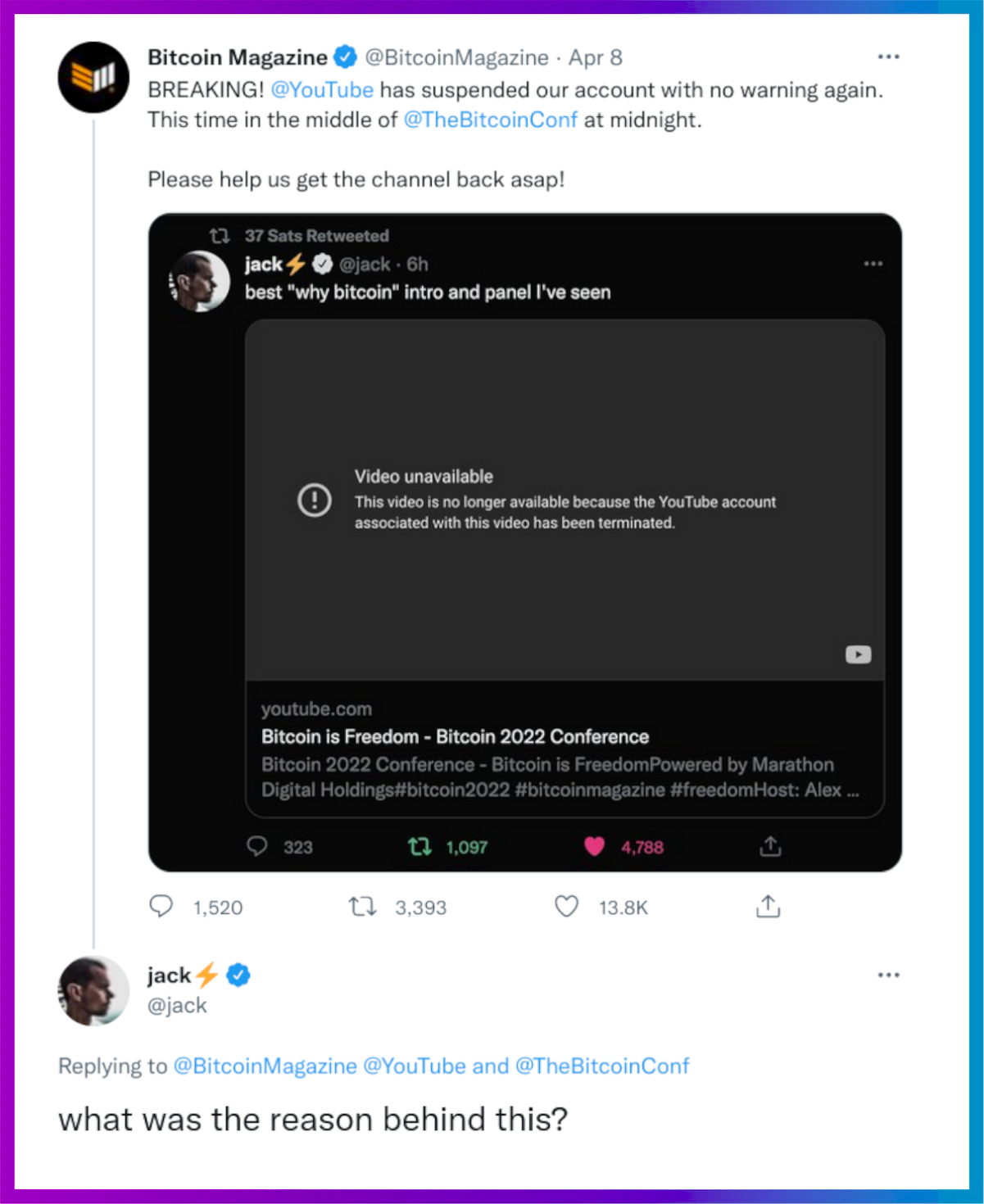 Twitter founder Jack asks YouTube why the Bitcoin video was removed.