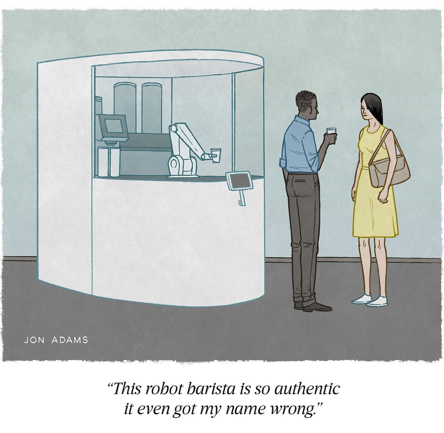 Cartoon of man getting coffee from machine says This robot barista is so authentic it even got my name wrong Cartoon of man getting coffee from machine says This robot barista is so authentic it even got my name wrong