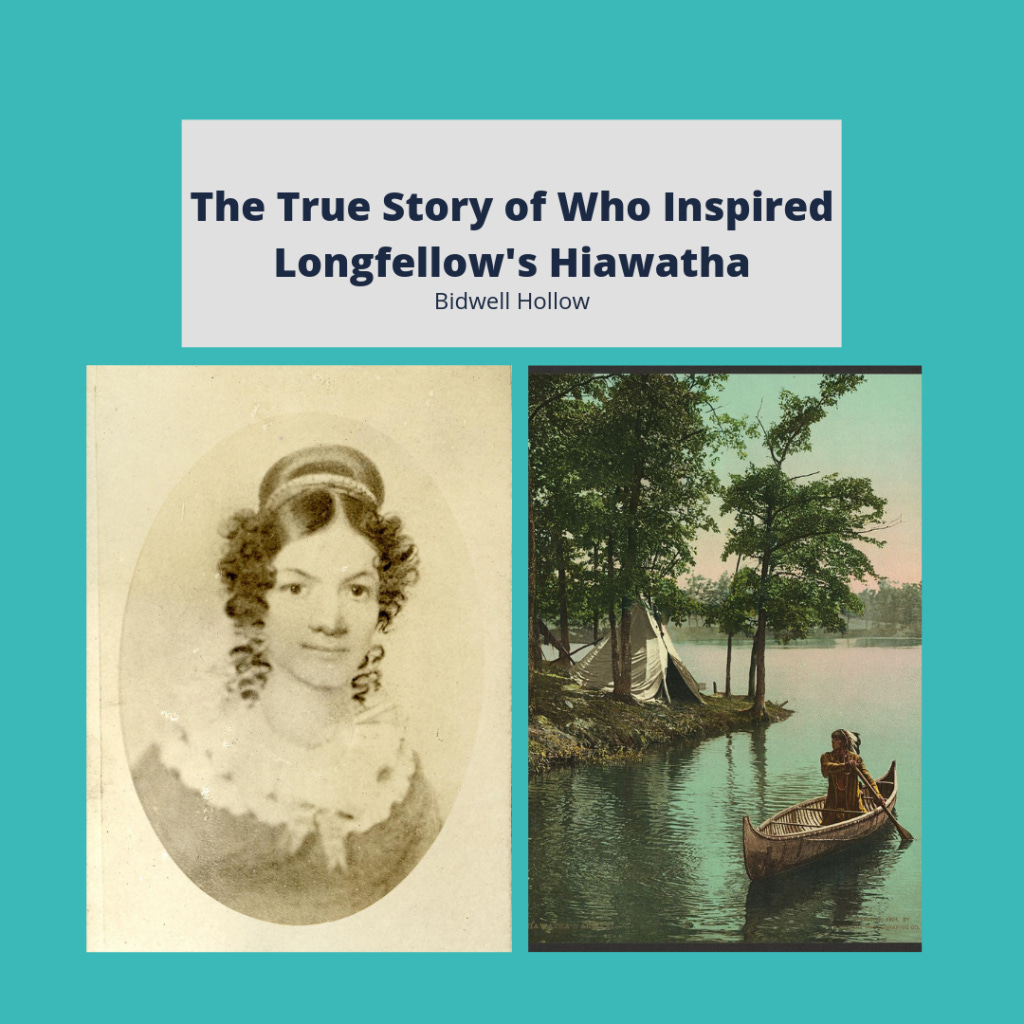 Jane Johnston Schoolcraft and a scene from "The Song of Hiawatha" below the text, The True Story of Who Inpsired Longfellow's Hiawatha Jane Johnston Schoolcraft and a scene from "The Song of Hiawatha" below the text, The True Story of Who Inpsired Longfellow's Hiawatha