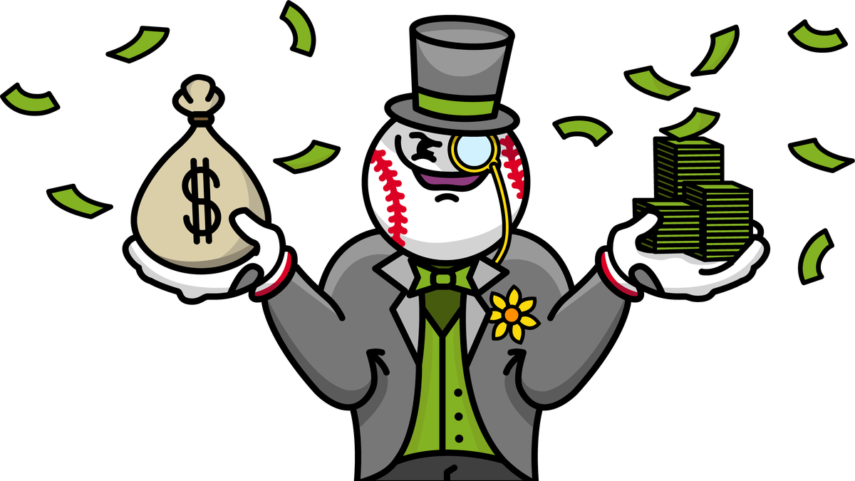 Cartoon illustration of a man with a baseball head dressed like a tycoon — suit, tophat and monocle — laughing maniacally while holding a stack of cash in one hand and a sack with a dollar sign in the other. Cartoon illustration of a man with a baseball head dressed like a tycoon — suit, tophat and monocle — laughing maniacally while holding a stack of cash in one hand and a sack with a dollar sign in the other.