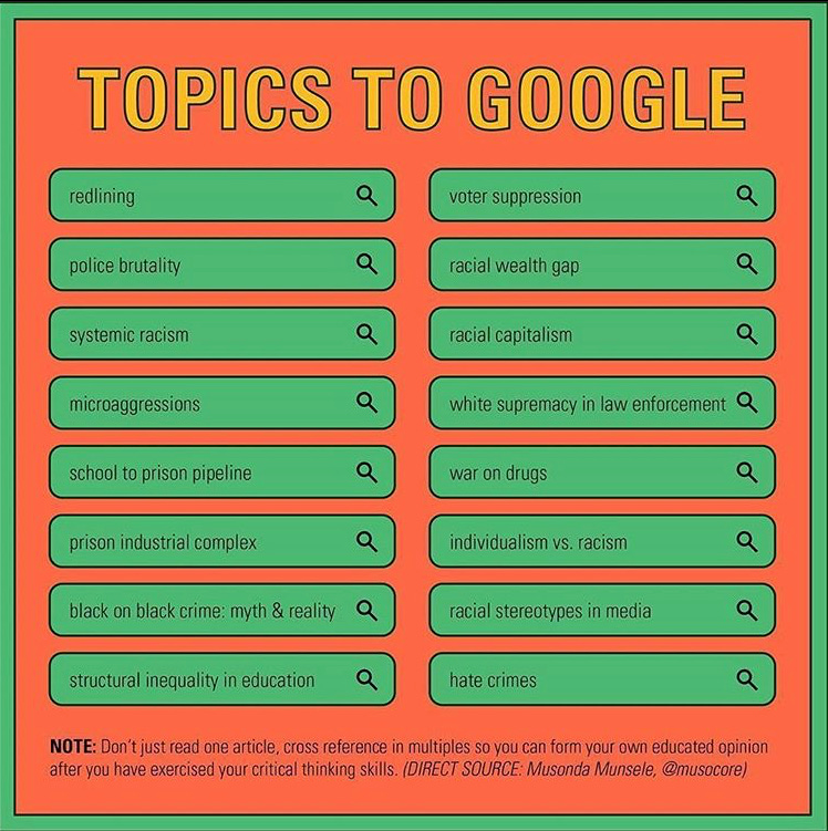 An infographic that reads "topics to google." The individual topics are "redlining," "police brutality," "systemic racism," "microaggressions," "school to prison pipeline," "prison industrial complex," "black on black crime: myth & reality," "structural inequality in education," "voter suppression," "racial wealth gap," "racial capitalism," "white supremacy in law enforcement," "war on drugs," "individualism vs. racism," "racial stereotypes in media," "hate crimes."