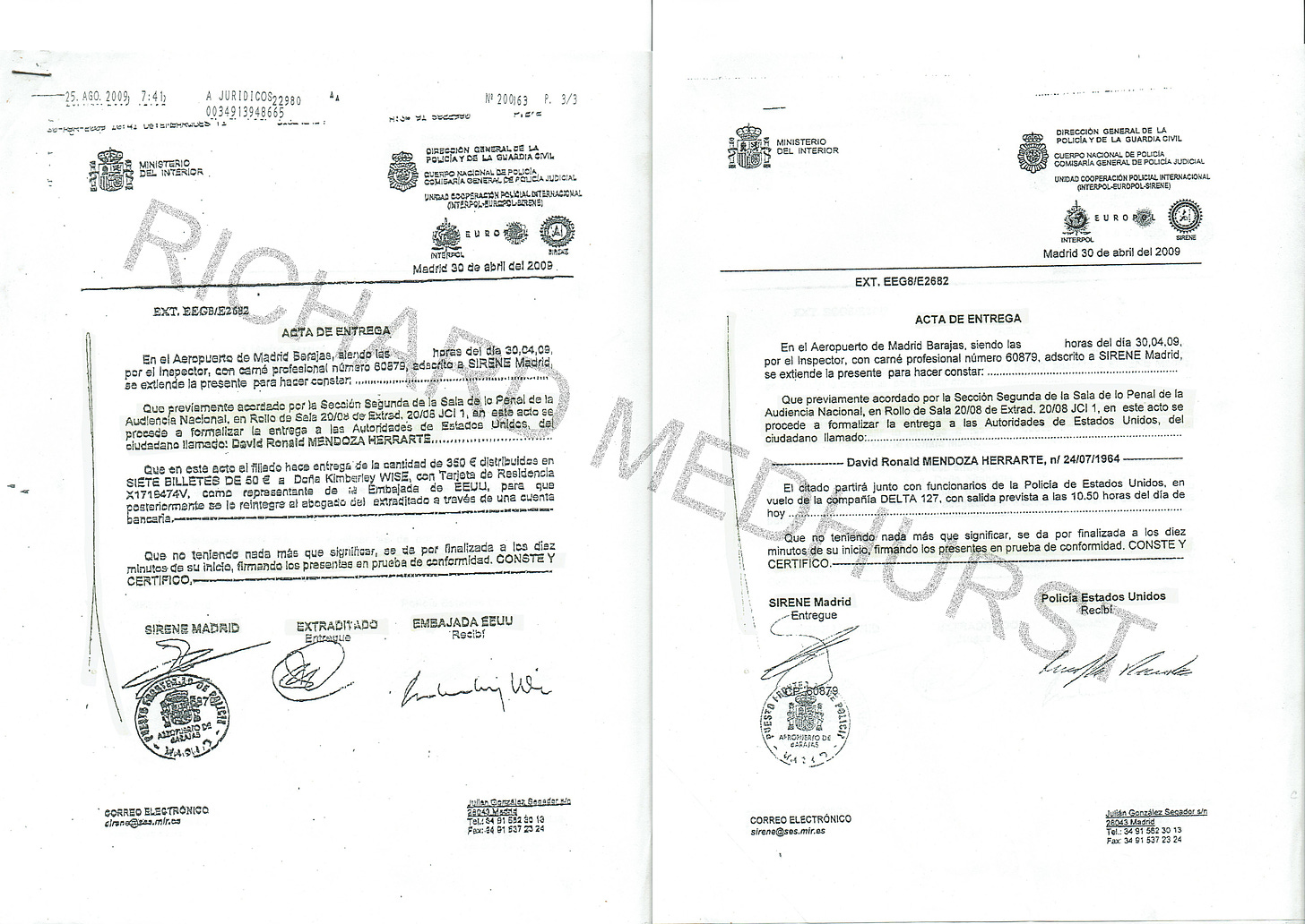 Under a FOIA request, Mendoza asked for a copy of the Acta de Entrega he signed (left). The US denied his request, saying it was classified and he was not privy to diplomatic communications.