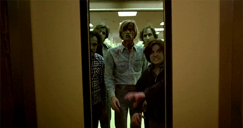 Zombies emerge from an elevator in a mall [from Day of the Dead.]