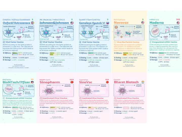 Nine schematics of available vaccines --information and mode of action