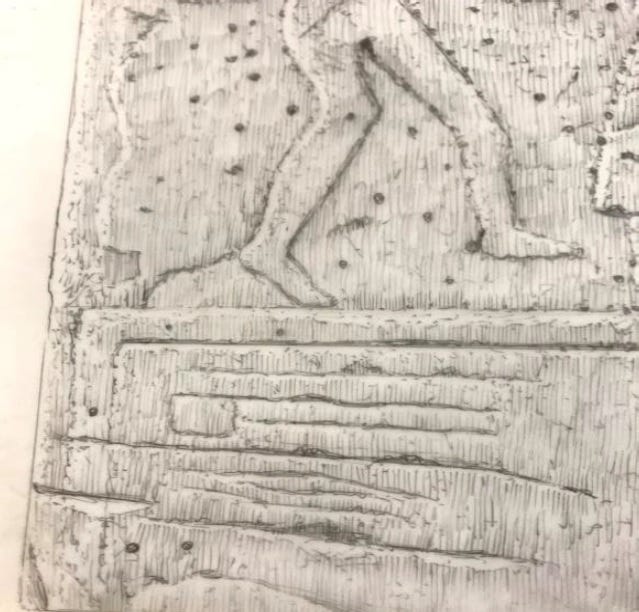 Sueno’s Stone, detail of sword marks below inauguration scene (drawing by John Borland, with thanks to Ruth Loggie)