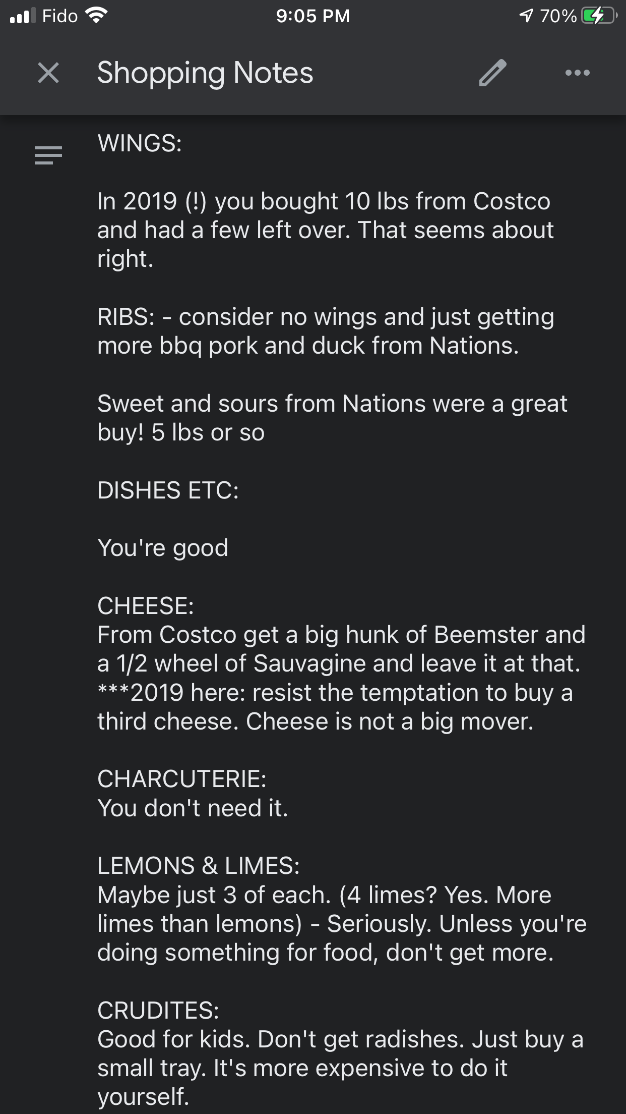 Notes to myself about what food, like wings and ribs, to buy and how much