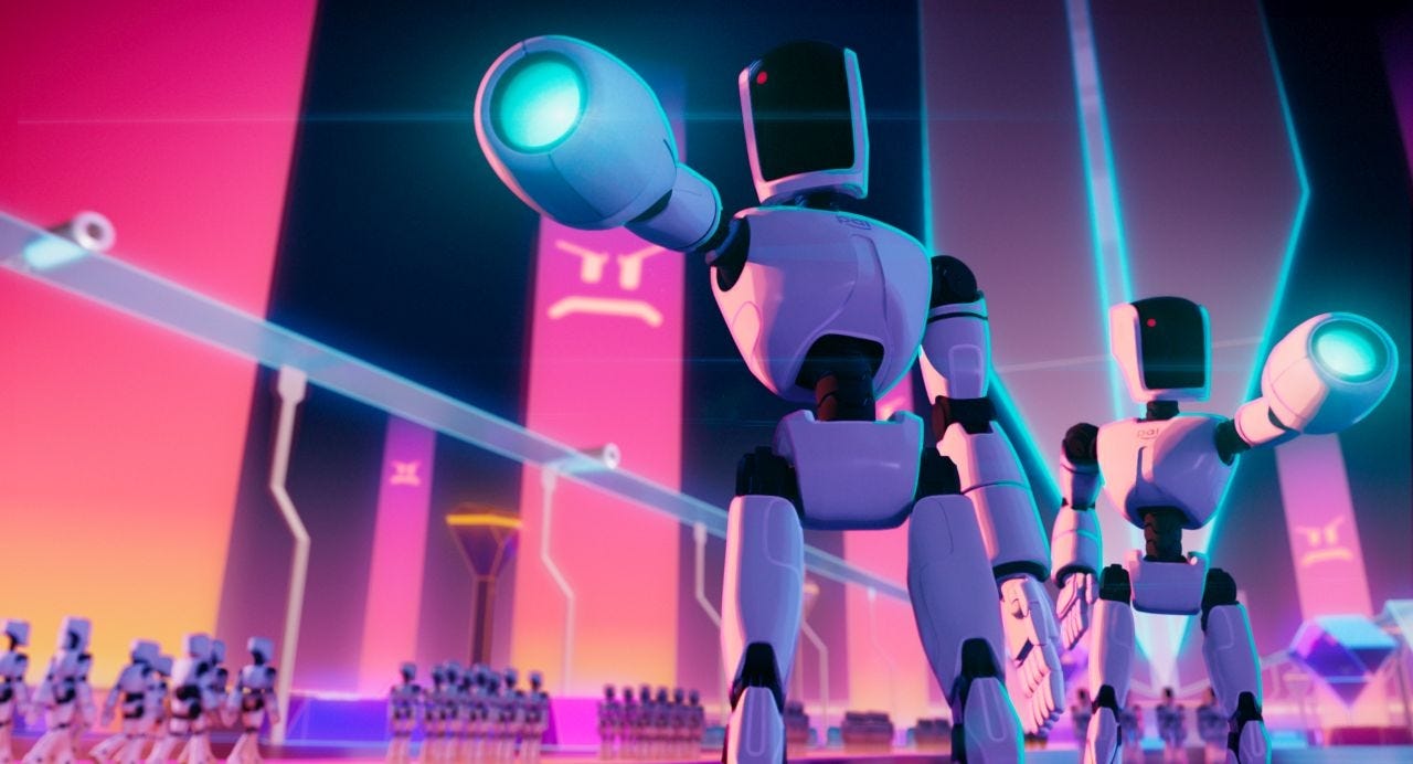 A screenshot from the animated film The Mitchells Vs. The Machines that depicts two humanoid robots brandishing their glowing blaster arms menacingly.