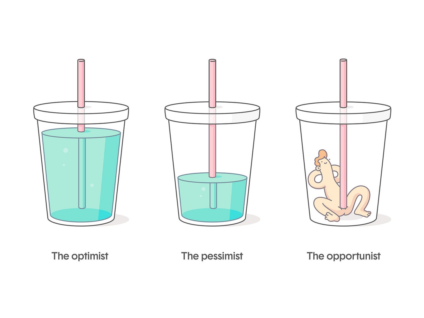 The Opportunist comic humor design optimist pessimist perspective plastic clear redhead funny naked straw drink cup character illustration The Opportunist comic humor design optimist pessimist perspective plastic clear redhead funny naked straw drink cup character illustration