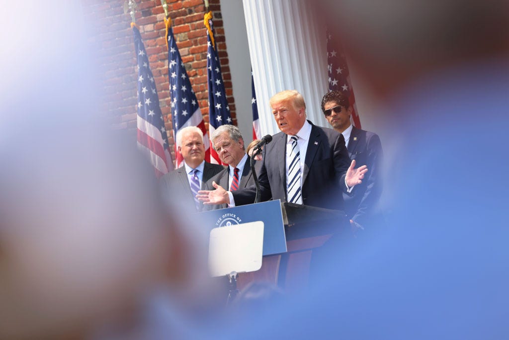 Former President Donald Trump announces a class action lawsuit against big tech companies Wednesday at the Trump National Golf Club in Bedminster, NJ. (Photo by Michael M. Santiago/Getty Images) Former President Donald Trump announces a class action lawsuit against big tech companies Wednesday at the Trump National Golf Club in Bedminster, NJ. (Photo by Michael M. Santiago/Getty Images)