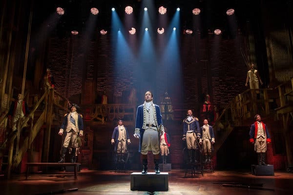 Lin-Manuel Miranda, center, created and starred in “Hamilton” on Broadway. A filming of the show was slated for theatrical release in 2021, but instead will stream this summer because of the coronavirus pandemic.