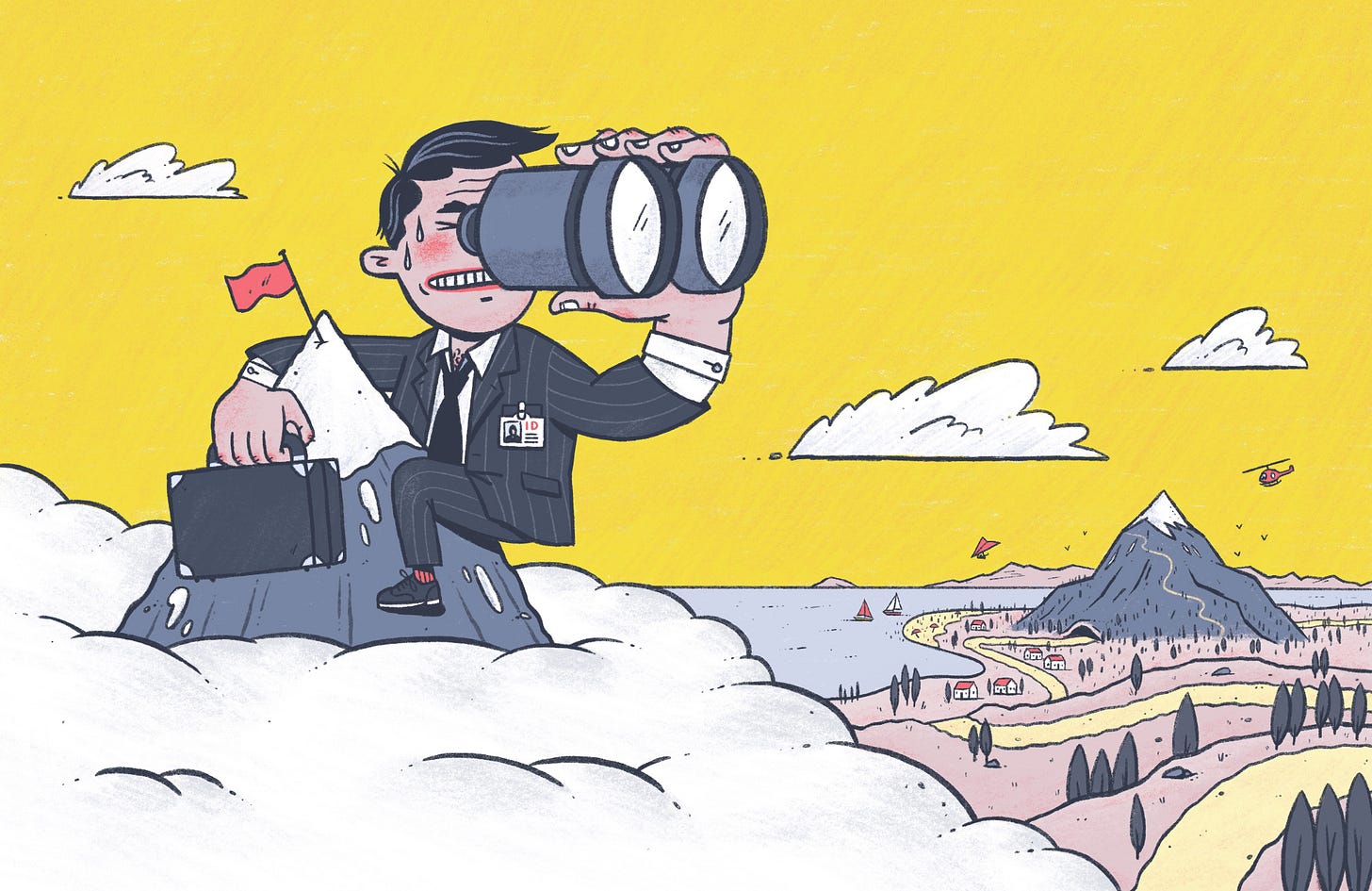 A man in a suit is on top of a mountain, looking through binoculars at another mountain far away. A man in a suit is on top of a mountain, looking through binoculars at another mountain far away.