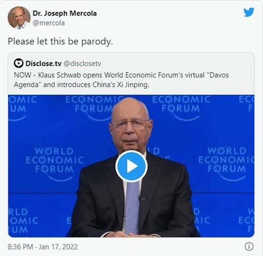 Klaus Schwab öppnar World Economic Forums virtuella "Davos Agenda" och introducerar Kinas Xi Jinping