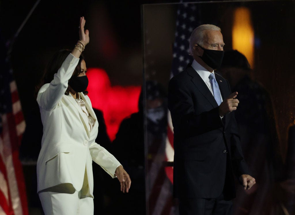 President-elect Joe Biden and Vice President-elect Kamala Harris take the stage at the Chase Center to address the nation Saturday in Wilmington, Delaware. (Win McNamee / Getty Images) President-elect Joe Biden and Vice President-elect Kamala Harris take the stage at the Chase Center to address the nation Saturday in Wilmington, Delaware. (Win McNamee / Getty Images)