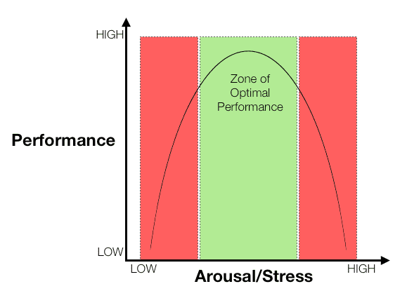 Hình 2: Hiệu suất như một chức năng của Kích thích/Căng thẳng. Phỏng theo Yerkes &amp; Dodson, 1908, và Hanin, 2007.