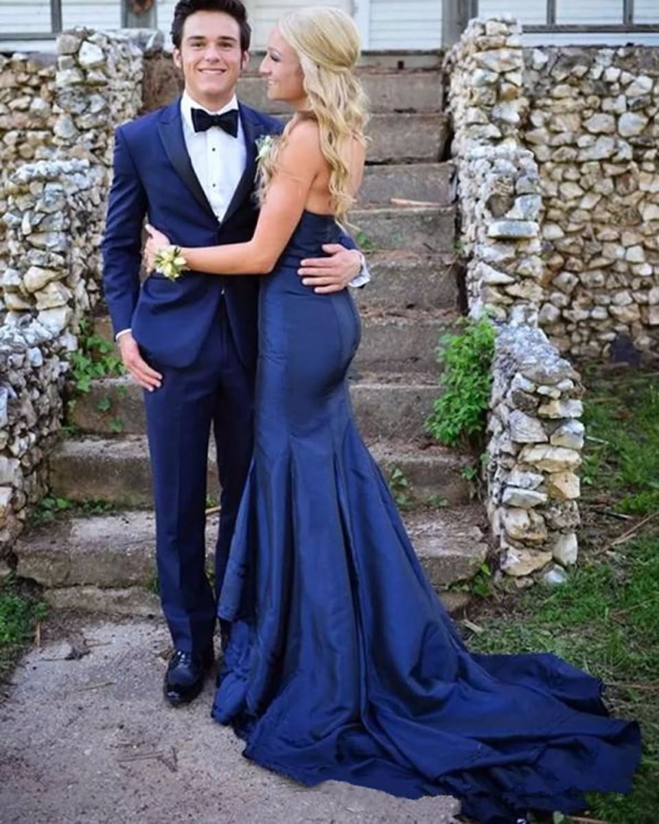 navy blue prom dress and tux