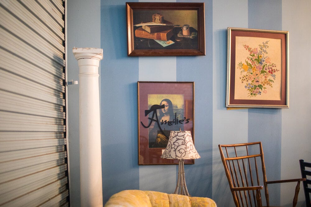 Painting reproductions and other items at one of the back rooms at Amélie’s Bakery in Atlanta. Painting reproductions and other items at one of the back rooms at Amélie’s Bakery in Atlanta.