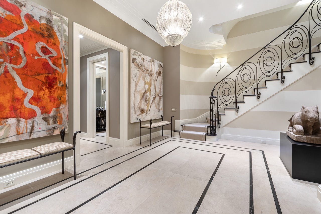 The large entryway has limestone flooring and Noir St. Laurent marble inlay. ‘The configuration of the house was a lot of small rooms on the third floor. There were like five bedrooms,’ said Mr. Chez. ‘I like bigger, open as much as possible.’ The renovation took between three and four years and cost roughly $6 million dollars. The large entryway has limestone flooring and Noir St. Laurent marble inlay. ‘The configuration of the house was a lot of small rooms on the third floor. There were like five bedrooms,’ said Mr. Chez. ‘I like bigger, open as much as possible.’ The renovation took between three and four years and cost roughly $6 million dollars.