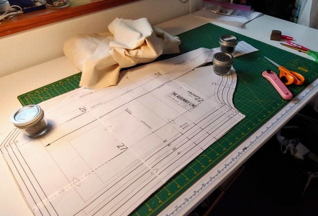Photograph of sewing pattern and scissors. Photograph of sewing pattern and scissors.