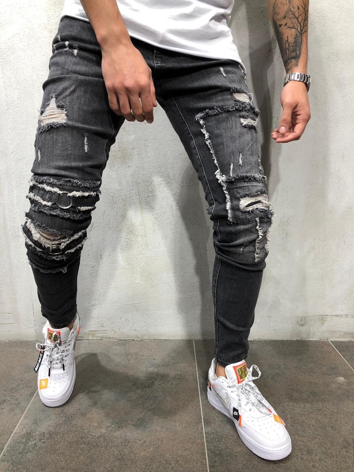 Mens Designer Brand Black Distressed Jeans Skinny Pencil Pants Ripped Destroyed Stretch Slim Fit Hop Hop Denim Trousers Cool Man Men S Clothing Jeans