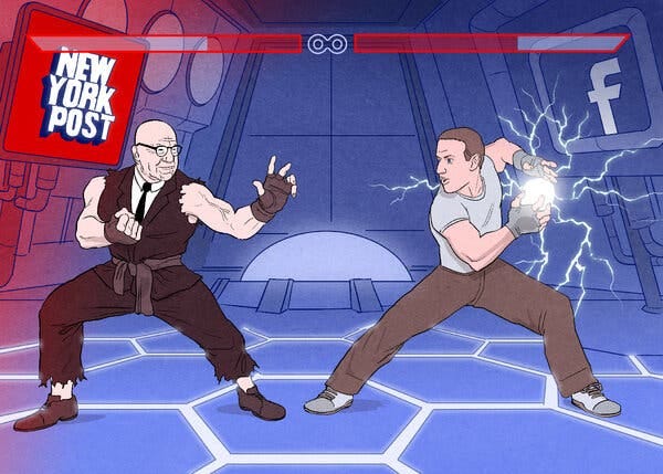Cartoon of a video game fight scene between video game cartoon avatars of Mark Zuckerberg and Rupert Murdoch