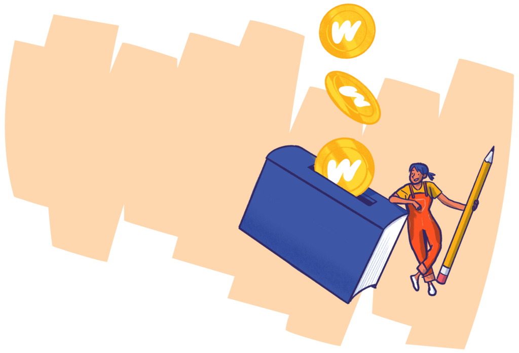 An illustration of a writer getting paid in gold coins An illustration of a writer getting paid in gold coins