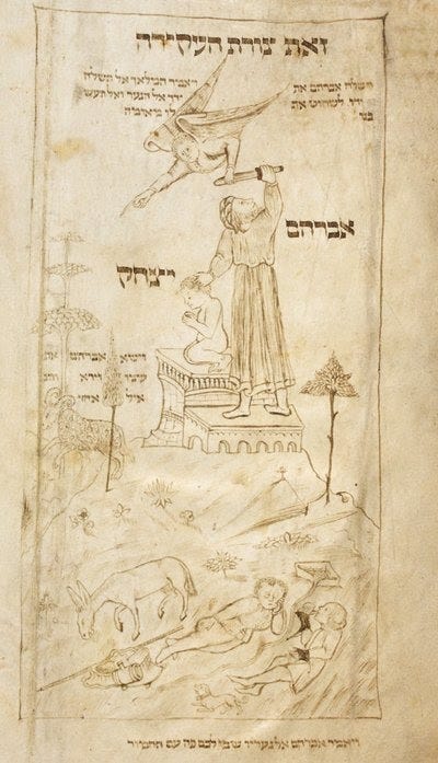 Drawing of the binding of Isaac story, with Hebrew words surrounding it Drawing of the binding of Isaac story, with Hebrew words surrounding it