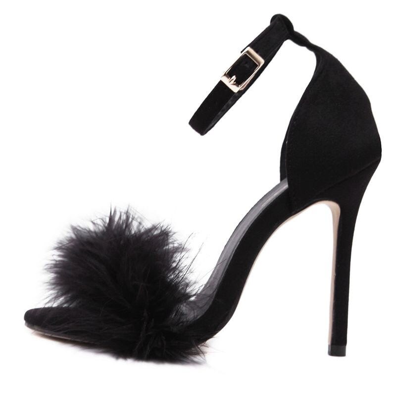black fluffy stilettos