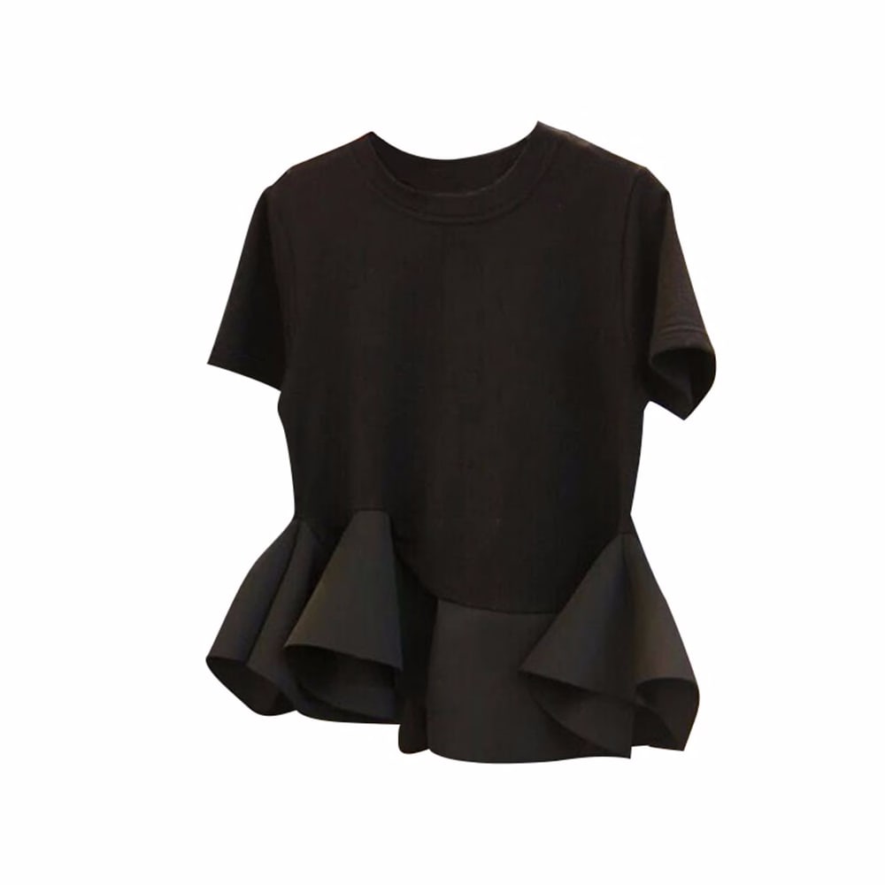 Korean Summer Elegant Women T Shirt Black Ruffles Patchwork Loose Pullover Tops Harajuku Oversized Female Chic Solid T Shirt Women S Clothing Tops Tees