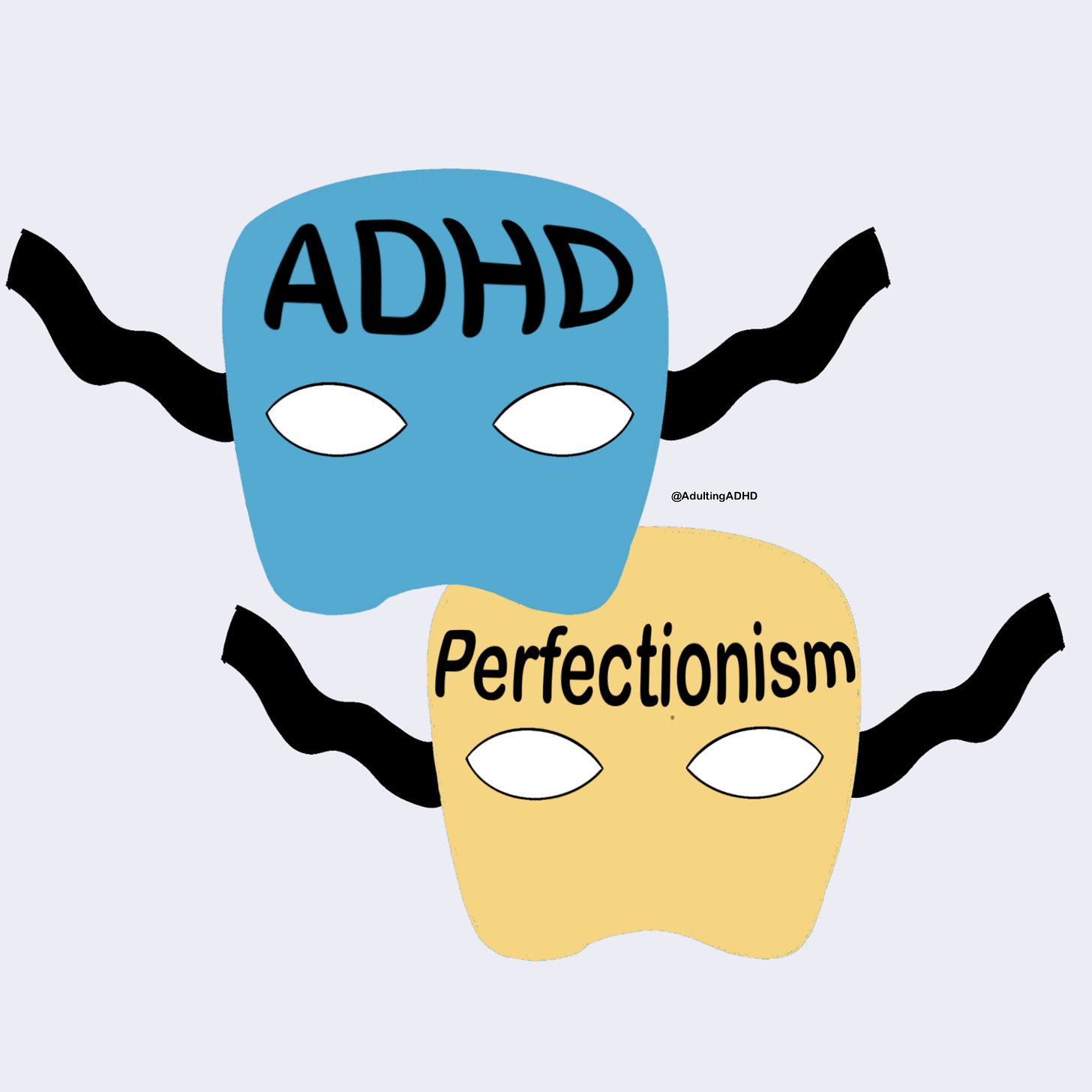 A blue costume mask with the word ‘ADHD’ written on it and a yellow costume mask with ‘perfectionism’ written on it. A blue costume mask with the word ‘ADHD’ written on it and a yellow costume mask with ‘perfectionism’ written on it.