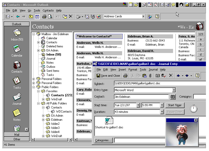 View of the Outlook 97 product showing contacts, mail messages, the Office Assistant and more. View of the Outlook 97 product showing contacts, mail messages, the Office Assistant and more.
