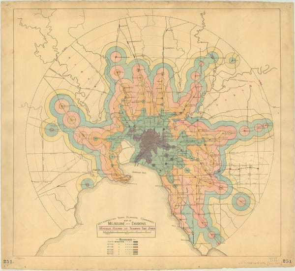 An isochrone from the 1920's illustrating travel times by train. An isochrone from the 1920's illustrating travel times by train.