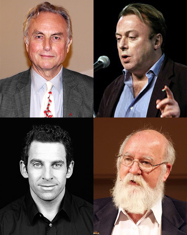 The Four Horsemen of New Atheism. Clockwise from top left: Richard Dawkins, Christopher Hitchens, Daniel Dennett, and Sam Harris Four Horsemen of New Atheism