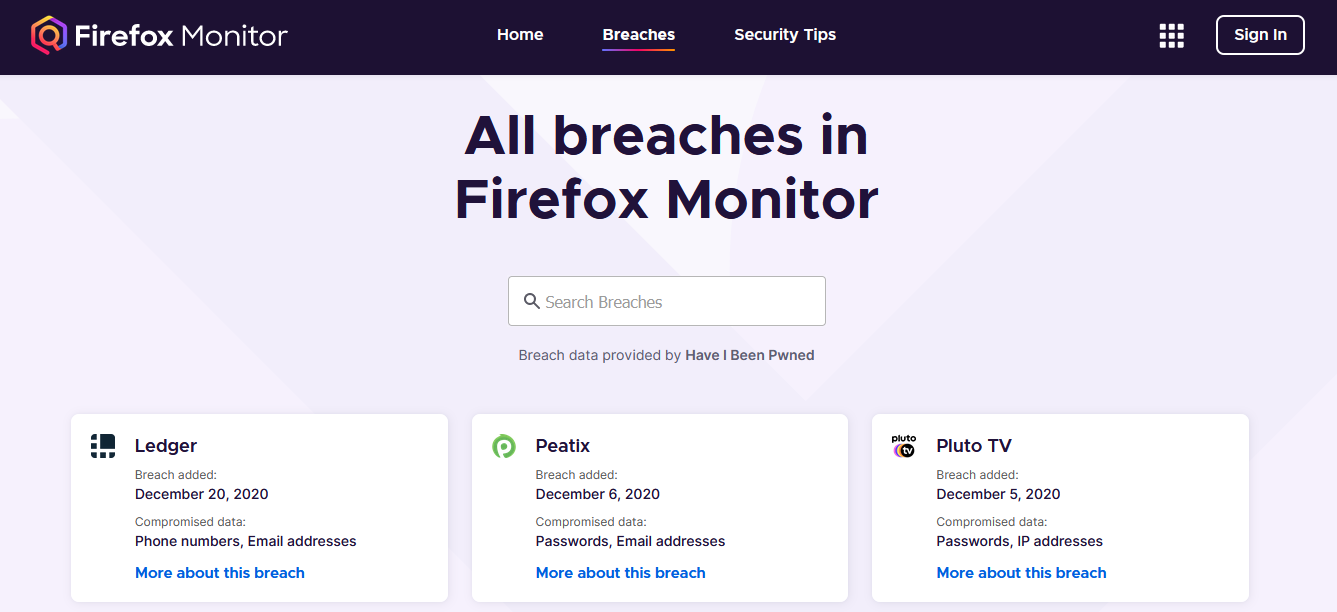 Breached websites - Firefox Monitor