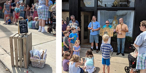 Brookline families gather on a Pittsburgh sidewalk. Brookline families gather on a Pittsburgh sidewalk.