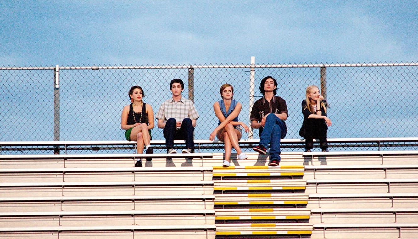 Main cast of Perks of Being a Wallflower including Charlie (Logan Lerman), Sam (Emma Watson), and Patrick (Ezra Miller)