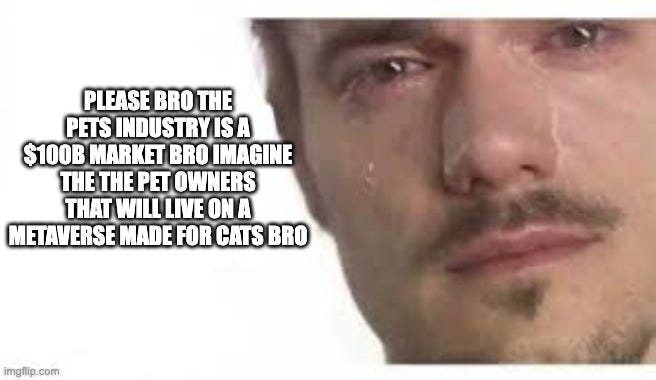 A meme with caption "Please bro the pet industry is a $100B market bro imagine the the pet owners that will live on a meta verse made for cats bro