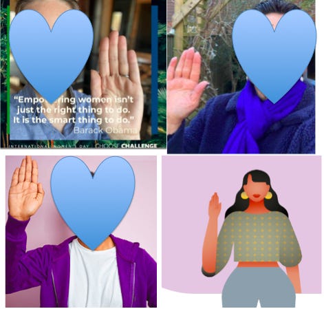 4 quadrant faces with their hand up, palms facing camera promising to choose to challenge bigotry