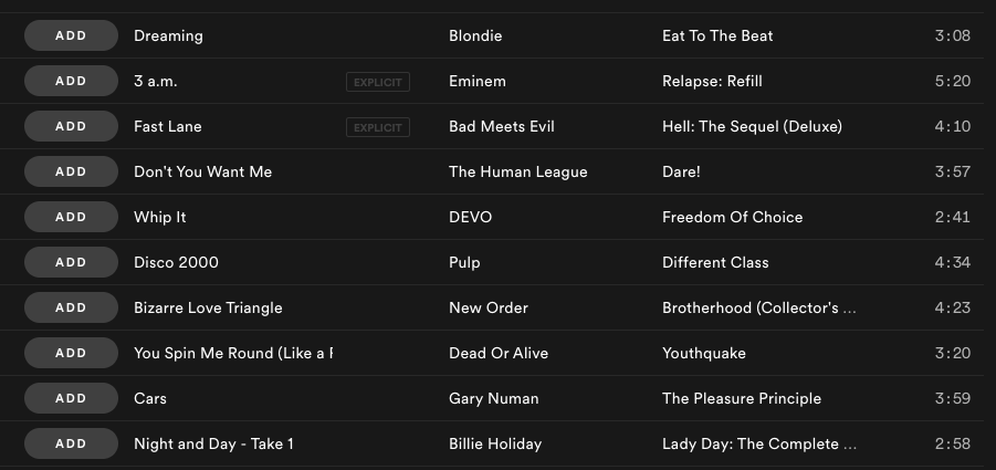 A screenshot of an algorithmically generated Spotify playlist based on Blondie's "Rapture," which includes more Blondie, Eminem, The Human Leage, Dead or Alive, New Order, Billie Holiday and Pulp.