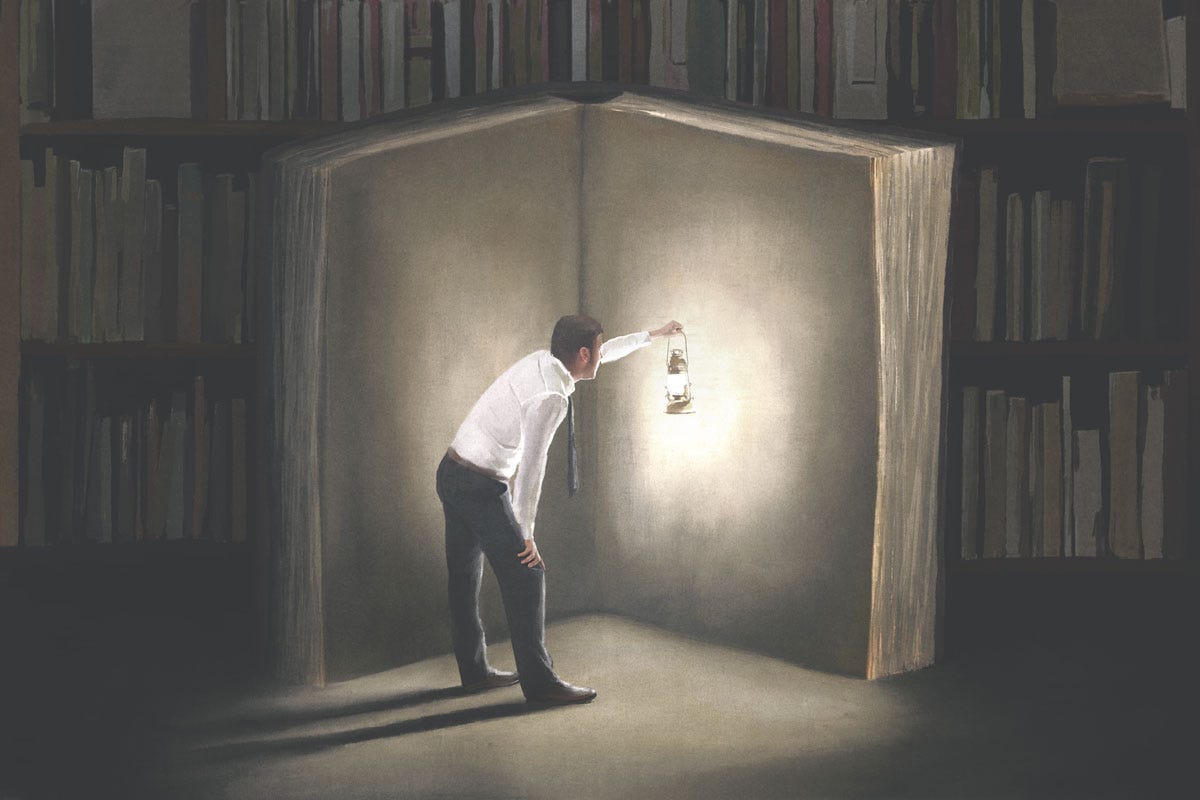 Dialogue with a Curious Injectee; Man Looking at Book Illuminated by Lamp