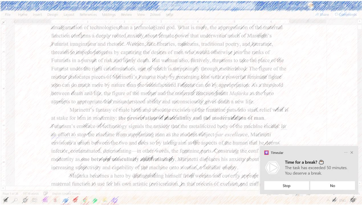 Screenshot of a Timeular notification with a Word document in the background.