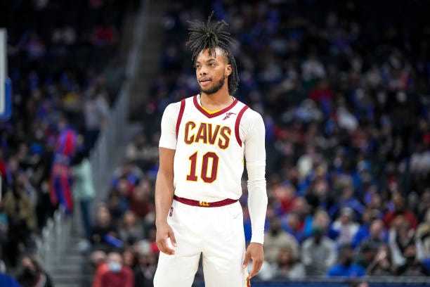 Darius Garland of the Cleveland Cavaliers looks on against the Detroit Pistons during the third quarter at Little Caesars Arena on January 30, 2022...