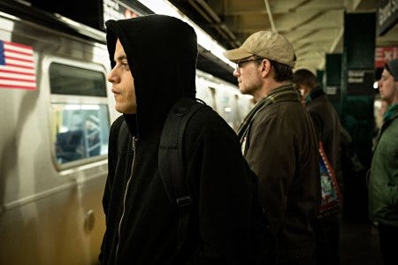 MR. ROBOT -- "Unauthorized" Episode 401 -- Pictured: (l-r) Rami Malek as Elliot Alderson, Christian Slater as Mr. Robot -- (Photo by: Elizabeth Fisher/USA Network)