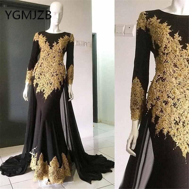 black long sleeve dress with gold embroidery