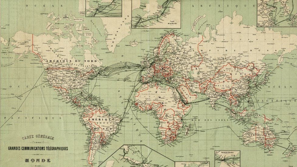 World Map of telegram communications cables in 1903