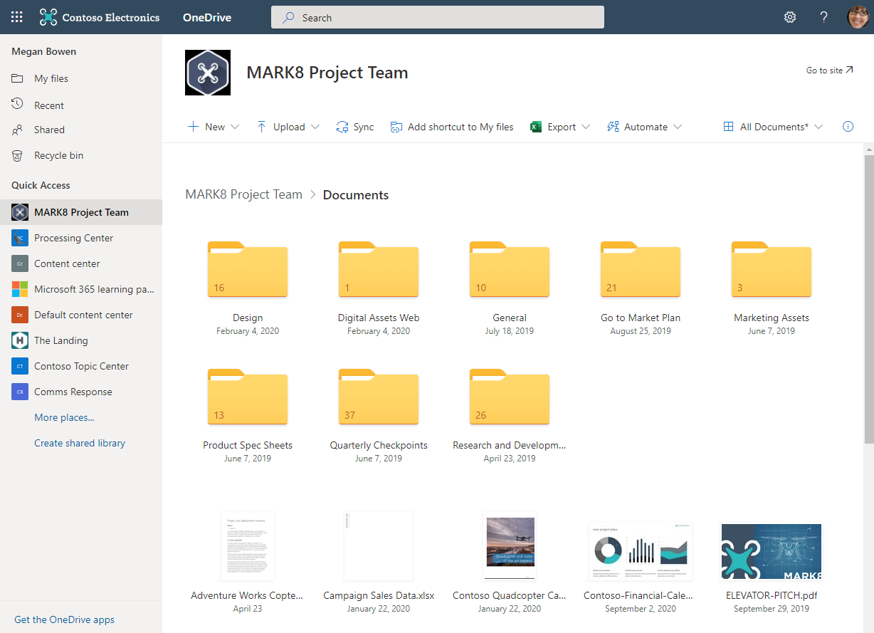 Megan Bowen work files and folders within her Contoso Inc. OneDrive work account. Megan Bowen work files and folders within her Contoso Inc. OneDrive work account.