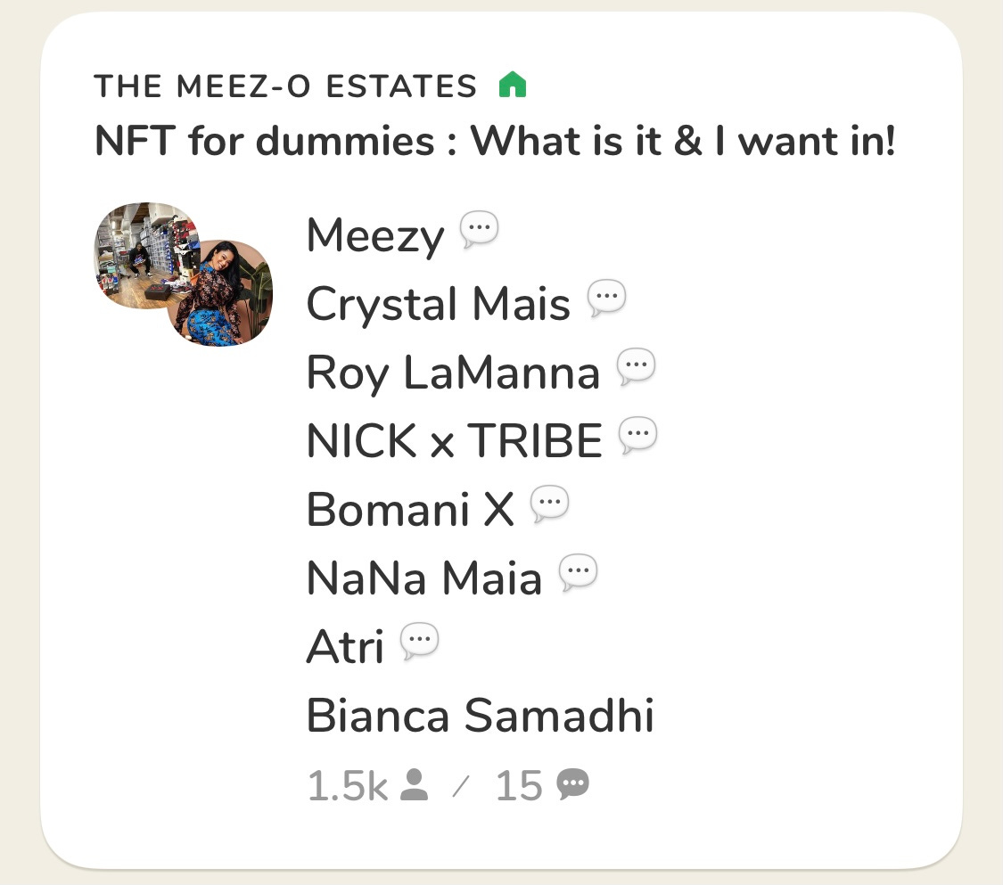 Screenshot of Clubhouse user interface with a room called: NFT for Dummies