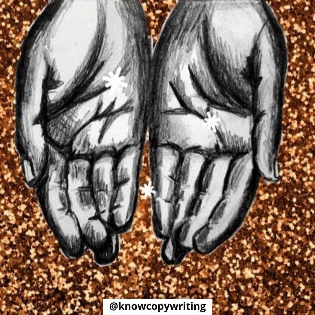 A black-and-white pencil drawing of open giving hands. The background of the image is sparkly gold. White sparkles emanate from the hands.