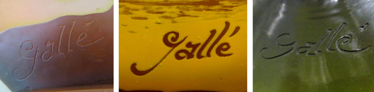 A sample of Mk IV signatures, from left to right : Lake landscape boat shaped cup, ©Nabécor 10/06/2017 ; Lake landscape vase, ©Quittenbaum 23/05.2017 ; Lotus flower cup, ©Philadelphia Museum of Art.